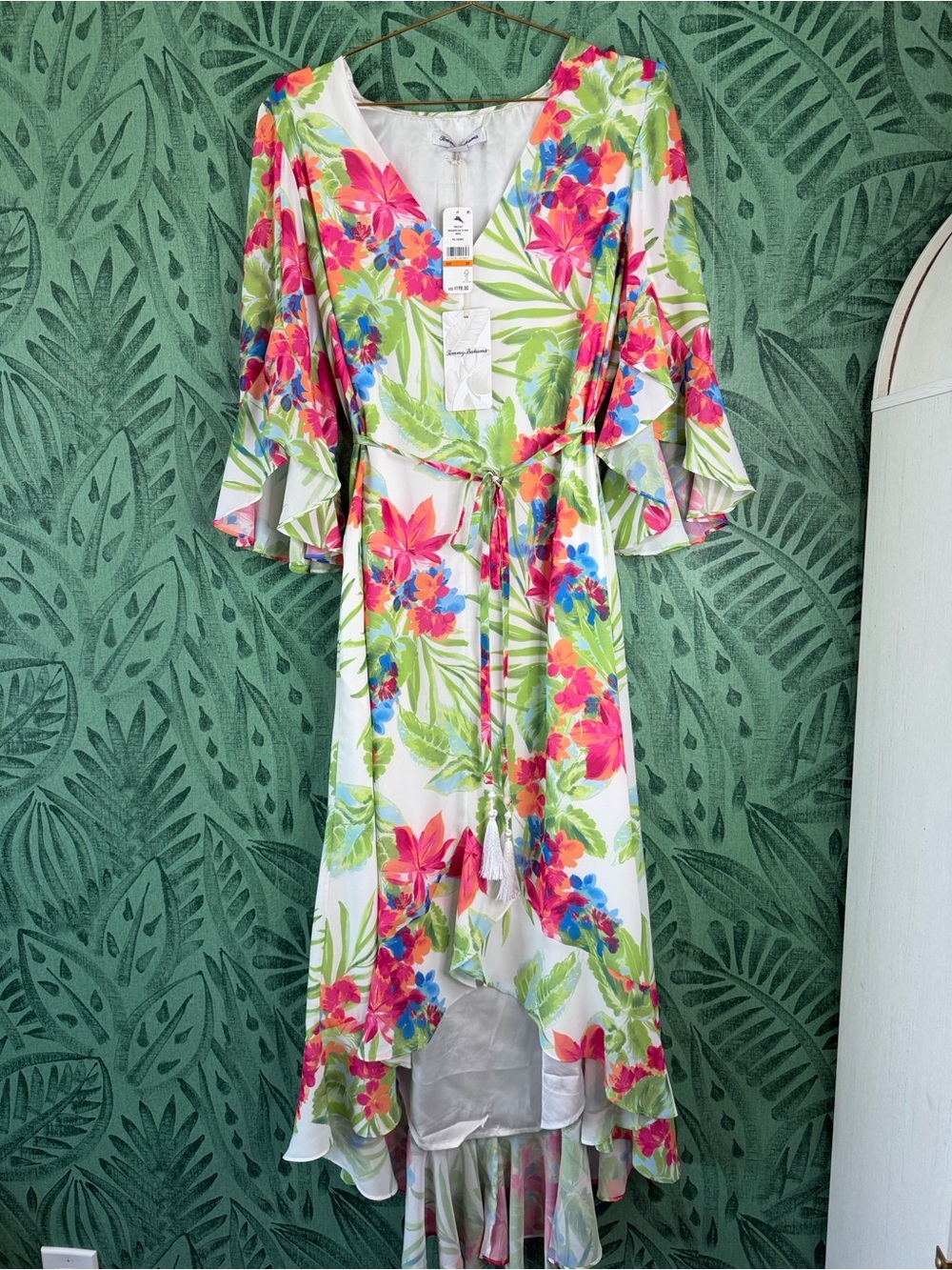 Tommy Bahama White Floral Tropical Dress with Pink & Green Accents